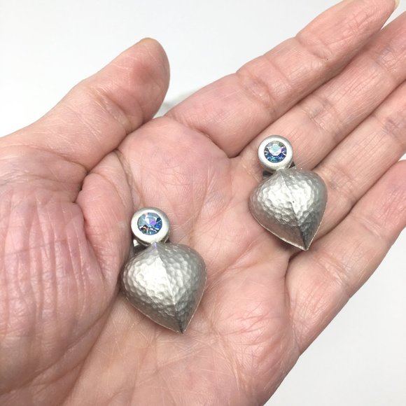 Hammered Silver Tone Steel Heart and Iridescent Rhinestone Clip On Earrings - Picture 11 of 14